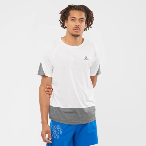 White / Grey Salomon Cross Run Short Sleeve Men's T-Shirts | IE WI7489